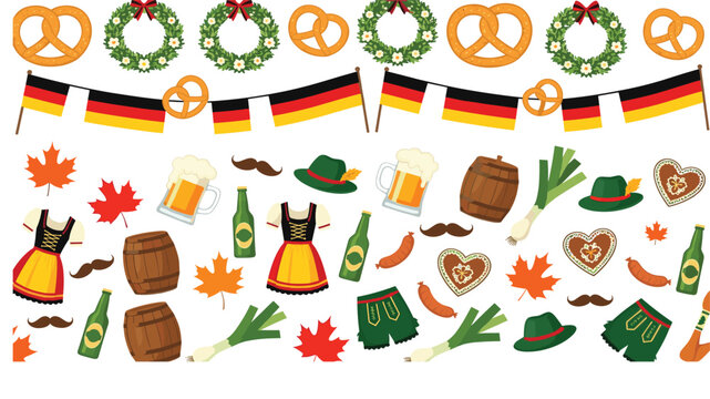 Oktoberfest Seamless Pattern with Beer Mug, Pretzel, Sausage, Hat, Barrel, Wreath, and German Flag Elements for Festive Background Design