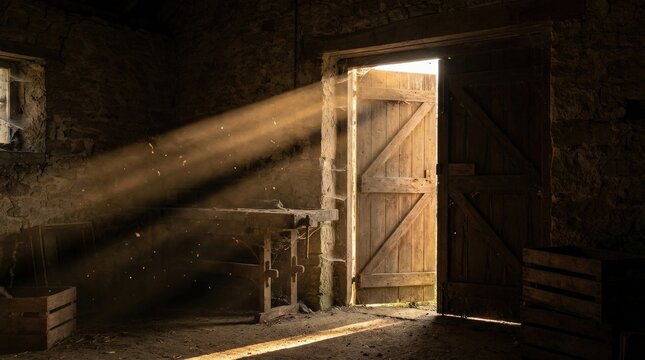 Light streaming through an open door into a dark dusty room in late afternoon, suspended particles and dramatic rays creating a cinematic mood, ultra-realistic, no logos.