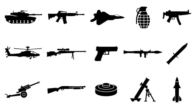 Professional vector illustration set showcasing various military equipment including tanks aircraft firearms and explosives for tactical design projects used in diverse creative media layouts