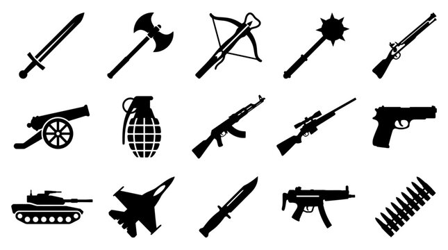 Black and white vector graphic illustration featuring a diverse collection of various military weapons including swords guns tanks grenades and other combat equipment items