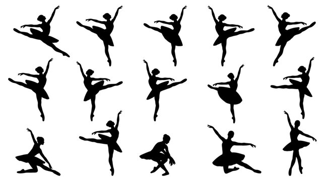 Elegant collection of black vector silhouettes featuring diverse ballet dancers performing various artistic poses and graceful movements isolated on a clean white background area