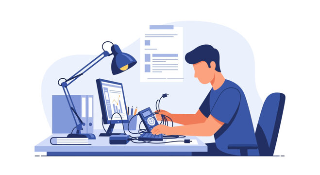 Man working at desk with computer, checking cables and documents during afternoon hours in a home office setting