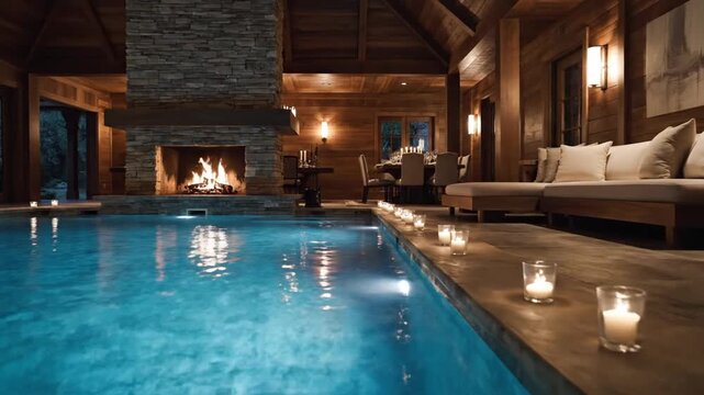 Rectangular indoor swimming pool with blue water in a rustic luxury home featuring a stone fireplace with fire, wooden paneled walls, candlelit poolside, and comfortable lounge furniture.
