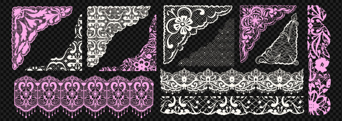 Naklejka premium Lace frame trim with border vintage pattern and victorian whimsical cutout. Collage ornament element with design floral brush and elegant vector strip. Corner drawn lace with hand decorative.