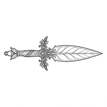 Technical line art of a delicate elven leaf dagger.