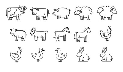 Fototapeta premium Farm animals outline icon set with cow pig sheep and chicken in clean line art vector collection