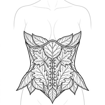 Technical line art of an elven underbust leaf corset front.