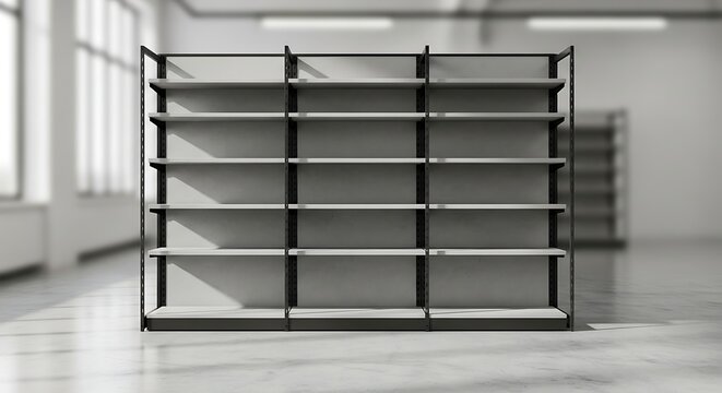 Empty retail store shelves in a bright, modern commercial space with natural light.