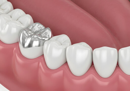 Close-up view of dental teeth with a silver filling on one tooth