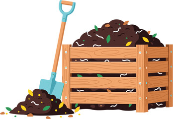 Wooden compost bin with shovel and organic soil pile for gardening and sustainability concept isolated on white background. © Farajul