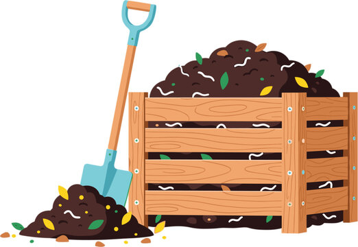 Wooden compost bin with shovel and organic soil pile for gardening and sustainability concept isolated on white background.