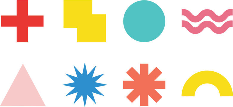 Set of colorful abstract geometric shapes in memphis style flat vector design elements isolated on white background.