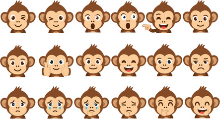 Flat vector collection of cute monkey emoji faces with various expressions including happy sad angry surprised and laughing for digital stickers. © Farajul