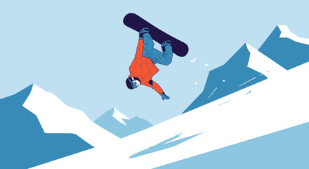 Energetic snowboarder in mid-air performing a trick against a snowy mountain landscape, extreme sport. © Slamet