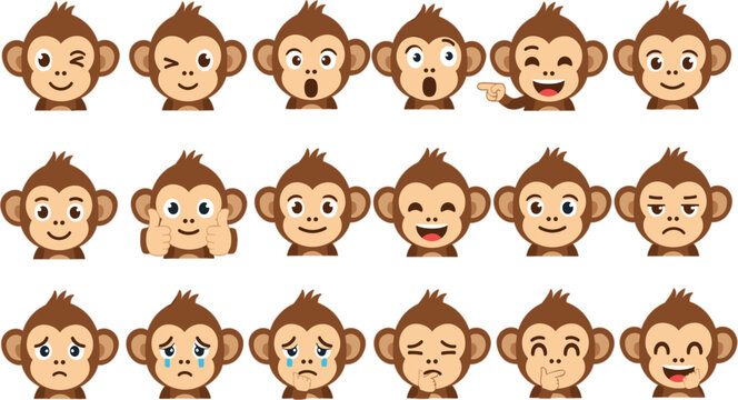 Flat vector collection of cute monkey emoji faces with various expressions including happy sad angry surprised and laughing for digital stickers.