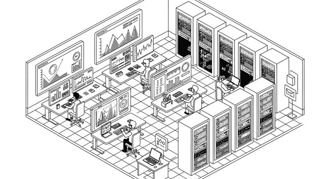 Dedicated technicians working in an isometric outline data center server room, technology infrastructure.