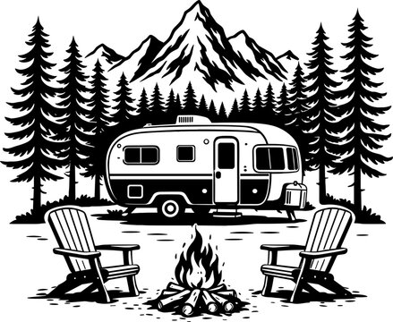 Camping Trailer with Campfire Vector Silhouette Illustration for Cricut Vinyl Cut EPS