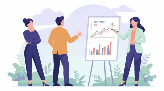 Business team meeting, analyzing growth strategy with charts and presentation