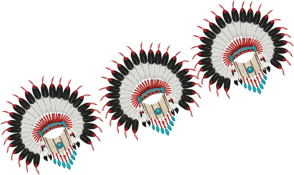 Tribal Native American Headdress Illustration Set with Feather War Bonnet and Beaded Details for Ethnic Cultural Costume, Decorative Vector Design Collection