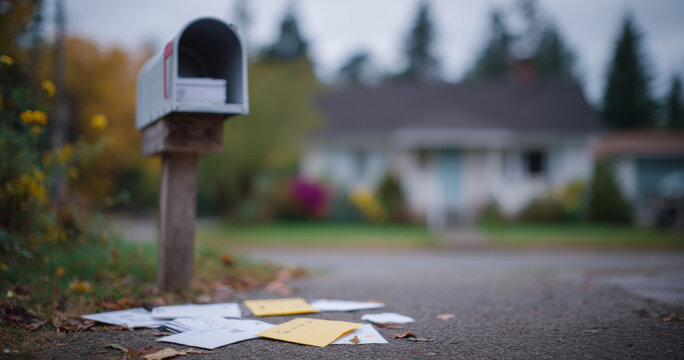 Overflowing mailbox with scattered mail outdoors