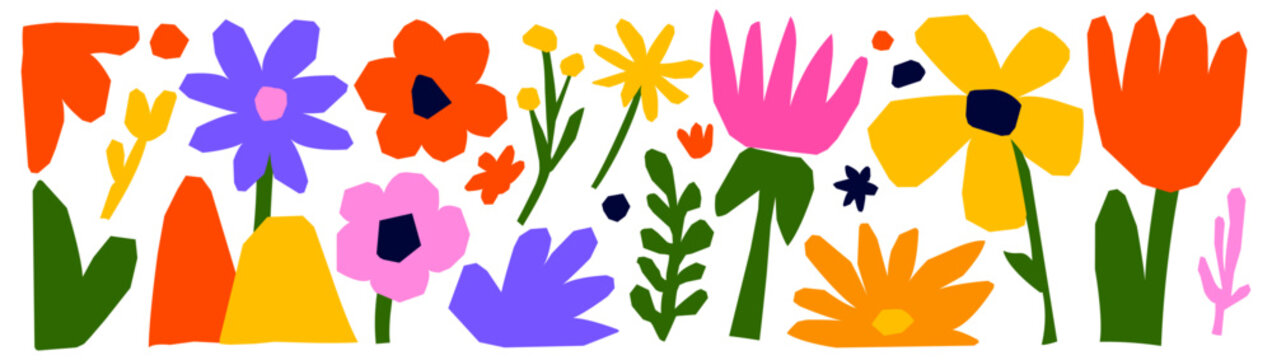 Flower whimsical paper with naive cut collage and groovy abstract organic. Element floral graphic with layout shape collection and fun funky grass. Vase illustration flower with children icon.