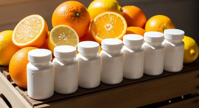 White Vitamin C Supplement Bottles Lined Up With Fresh Oranges and Lemons.