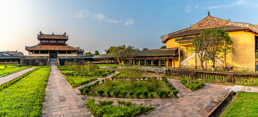 A view of the Purple Forbidden City in the Imperial City in Hue, Vietnam in the early evening