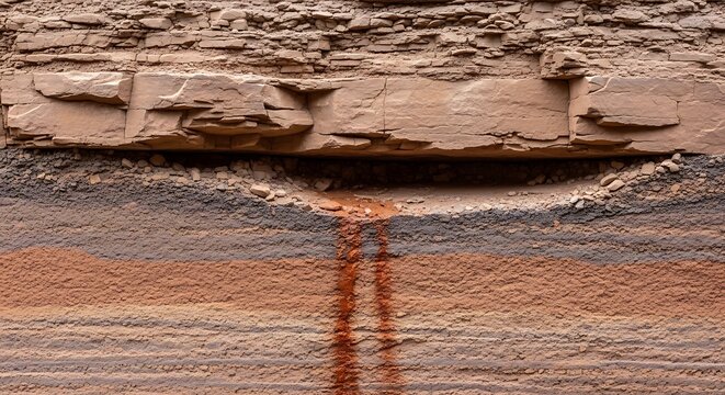 Dry riverbed with eroded clay layers and sediment texture in arid landscape