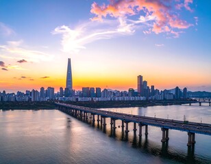 Fototapeta premium Aerial view of a city skyline at sunset, with tall buildings, a long bridge over water, and a vibrant sky