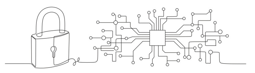 Obraz premium a continuous single line image of a padlock with lines extending to the right side forming a circuit board pattern. cybersecurity, data encryption, and hardware protection
