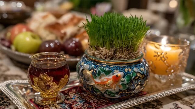 Candlelit Nowruz haft-seen table displays seven symbolic items including sprouted wheat grass, vinegar, apples, and goldfish bowl on embroidered cloth, traditional Persian new year