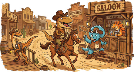 Dinosaur Wild West Saloon Cowboy Cartoon Illustration Scene Featuring Trex Rider Triceratops Sheriff Raptor Outlaw Editable Vector Collection © MdMahfujAhmmed