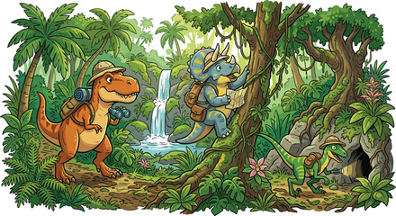 Dinosaur Jungle Exploration Adventure Cartoon Illustration Scene Featuring Trex Explorer Triceratops Climber Raptor Navigator Editable Vector Collection © MdMahfujAhmmed