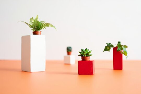 Small potted plants on colorful cube-shaped planters on a table
