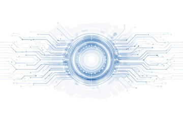 Obraz premium Abstract Futuristic Digital Technology Background with Blue Circuit Board Pattern and Glowing Concentric Circles on White, High Tech Electronic Engineering Concept for Data and Cyber Connection