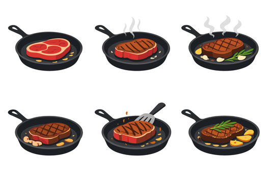 Illustrated collection showing various steak cooking stages in cast iron skillets, from raw meat to perfectly seared grilled beef with garlic and rosemary, vector graphics isolated on white