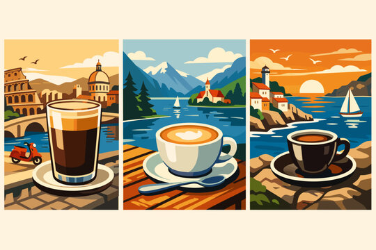 Retro Triptych of Coffee Travel Posters Featuring Lungo, Flat White, and Ristretto with Scenic Italian City, Alpine Lake, and Coastal Sunset Landscapes; Vintage Vector Illustration Art Set.