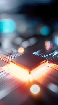 Futuristic microchip with glowing connections and soft bokeh lights symbolizing digital technology and data flow