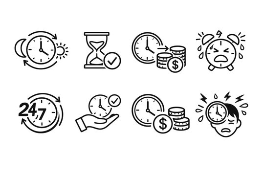 Schedule Optimization Graphic Collection Highlighting Constant Support, Diurnal Sequence, Sand-Timer Expiry, Financial Value of Minutes, and Professional Strain Outline Pictograms