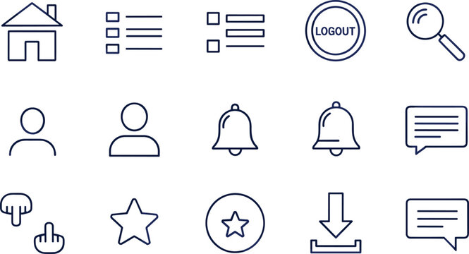 User interface icons, digital application symbols, home search logout graphics, profile notification chat design, download favorite star gesture communication