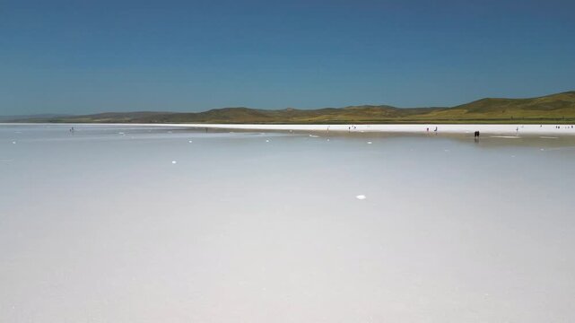 Aerial 4K Flyover of Lake Tuz Salt Flats Shoreline Turkey