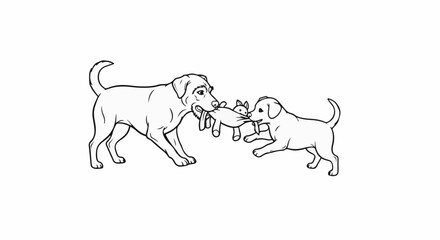 Fototapeta premium Two dogs playfully tugging on a stuffed toy with ears