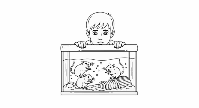 Young boy curious about gerbils in a tank
