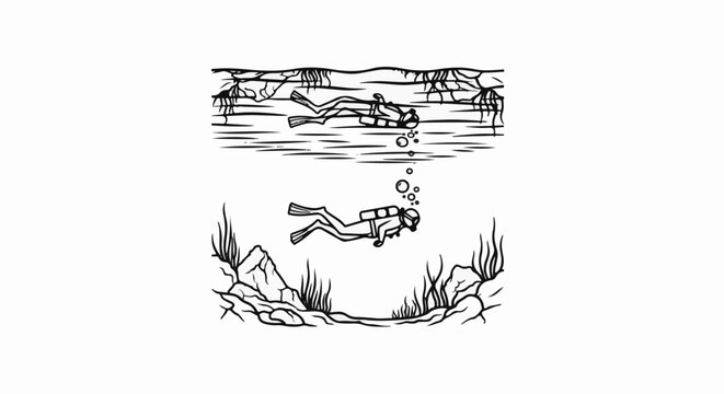 Two divers exploring underwater, one near surface, one deeper
