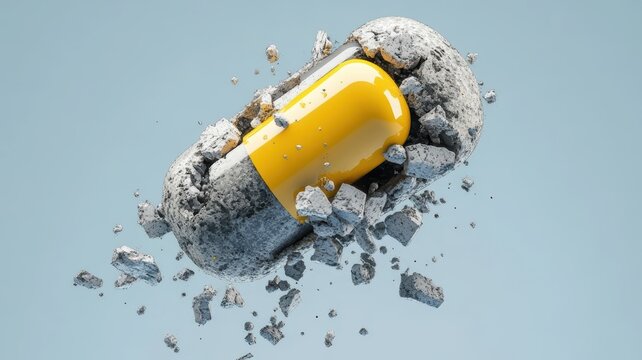 Yellow pill adhering to wall surface close up view of a single yellow pill affixed firmly onto a wall highlighting its texture and adhesion