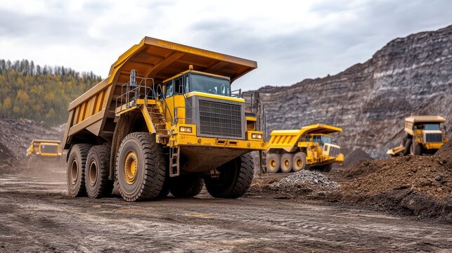Giant Yellow Dump Trucks Hauling Dirt Across a Mining Site