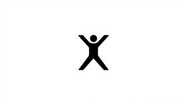 Minimalist human figure icon, black stick man silhouette with arms and legs spread, simple geometric person symbol on white background