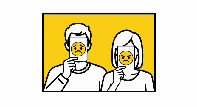 Two individuals conceal their faces with cards displaying negative emotions