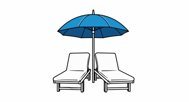 Two lounge chairs beneath a blue umbrella, ready for relaxation