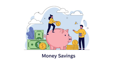 Fototapeta premium Man and woman manage personal finance and save money using giant piggy bank and cash stacks concept.